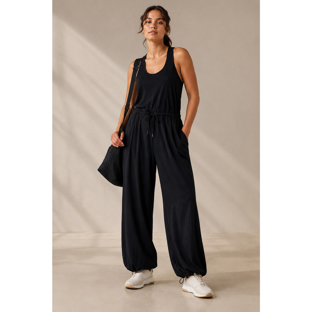 Athleta Black Utility Jumpsuit Sz 4 Small Zip Back Balloon Pants Atheisure